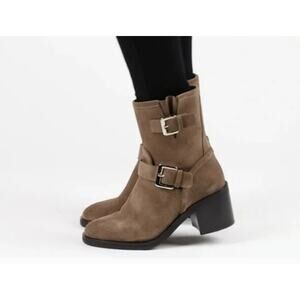 Aquatalia Boots Womens Size 6 Billina Taupe Suede Double Buckle Ankle Block Heel